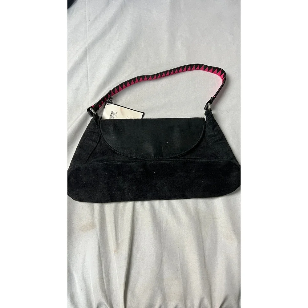 Victorias Secret Black Faux Suede Shoulder Bag Pink Geometric Strap Y2K NWT
